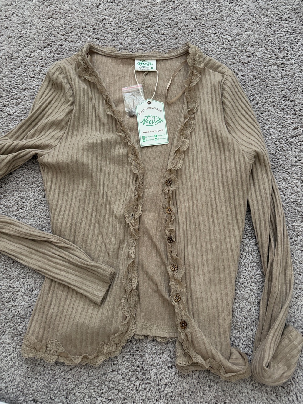 Ruffled Ribbed Cardigan in Taupe